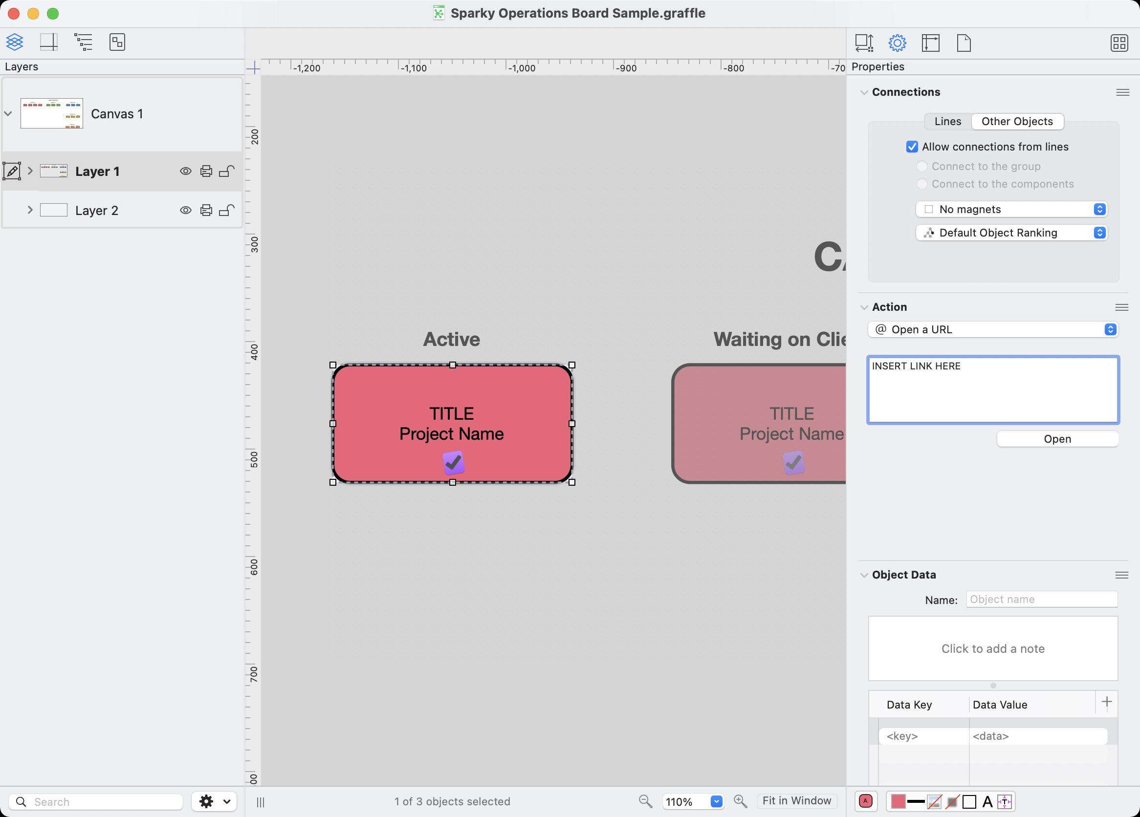 To add a link in OmniGraffle, select an object and then select “Open a URL” in settings. (Click to enlarge.)