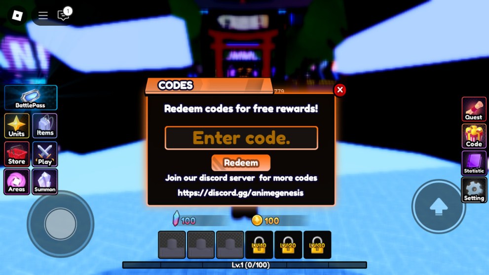 Anime Genesis code redeem box