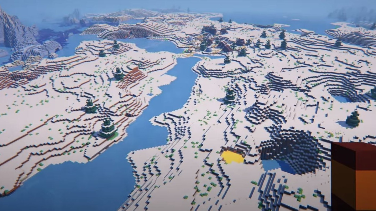 Minecraft POV from sky of snowy field tricky trials snow seed