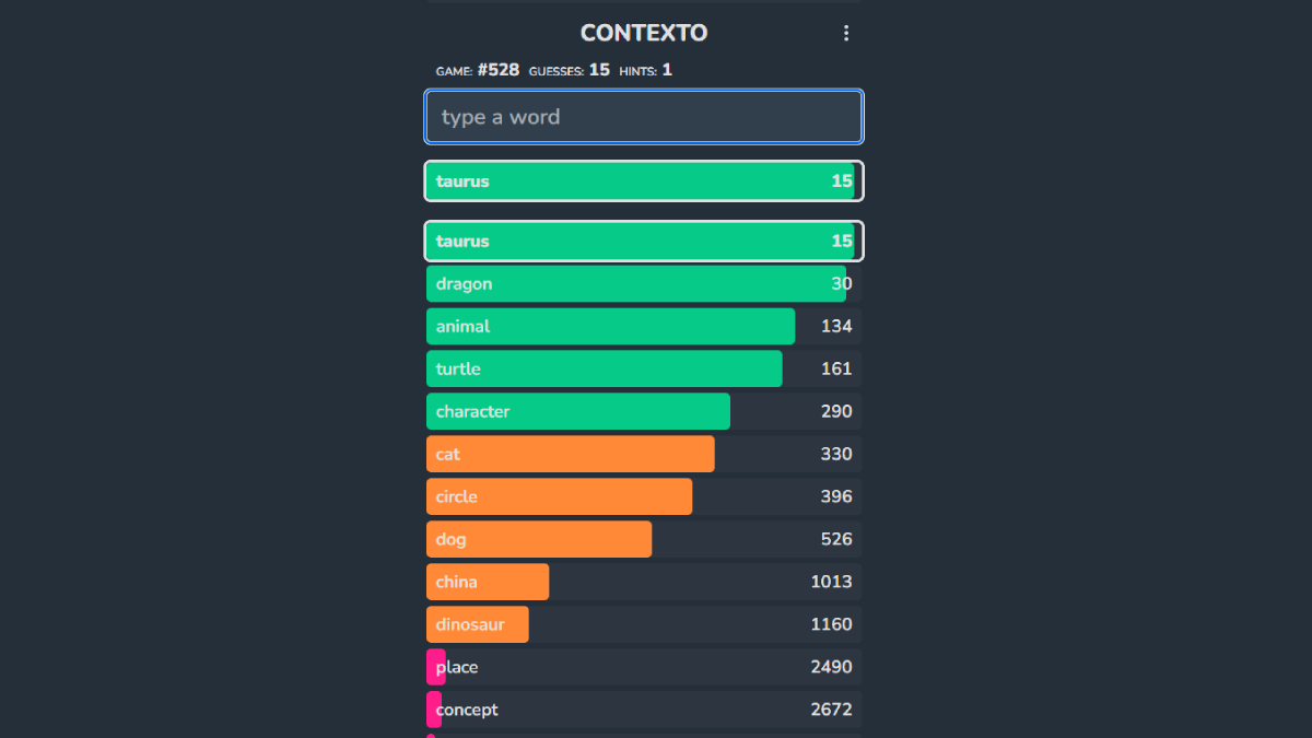 contexto interface guessing word green to orange to red ranking